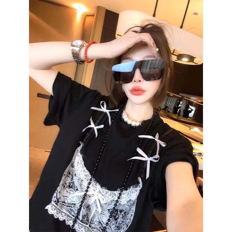 GoodNine พร้อมส่ง เสื้อยืดแขนสั้นสกรีนลายบราแต่งลูกไม้ติดโบว์ทรงovsผ้าคอตตอน เนื้อดีทรงสวยใส่สบายงาน