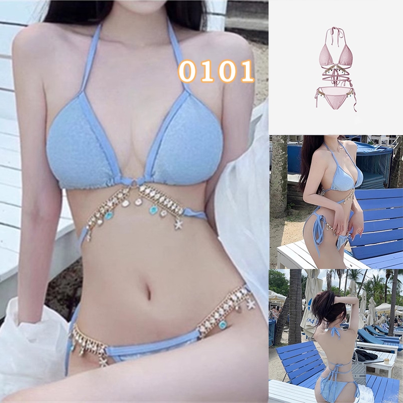 BikiniSexy 👙👙 บิกินี่ สไตล์เซ็กซี่ ชุดว่ายน้ำหญิง ผูกเชือก เชือกแขวนคอ ไม่มีสายหนัง การ ลายสก๊อต ส่งจากไทย （系带中式比基尼） - รูปที่ 5