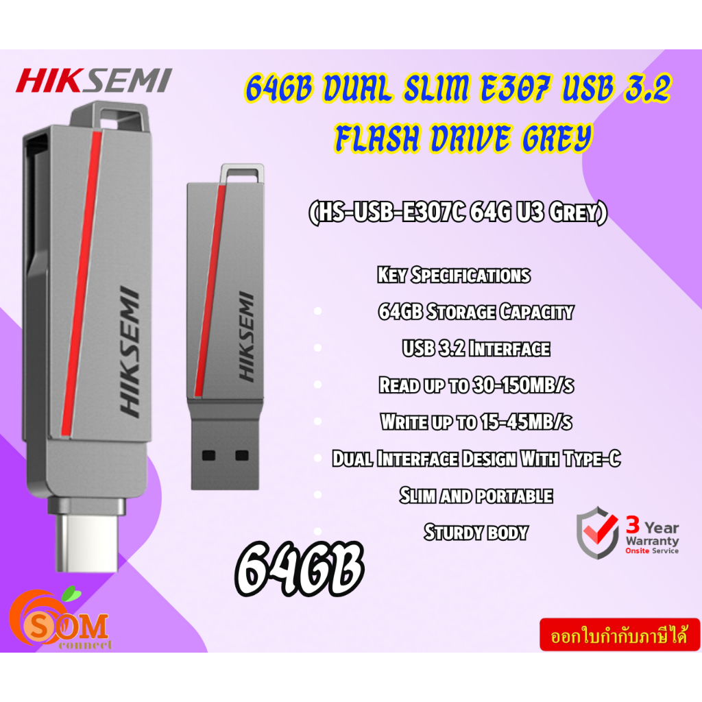 HIKSEMI USB 3.2 Flash Drive 64GB Dual Slim E307 GREY (HS-USB-E307C 64G U3 Grey) Read up to 30-150MB/s Type-C 3Y