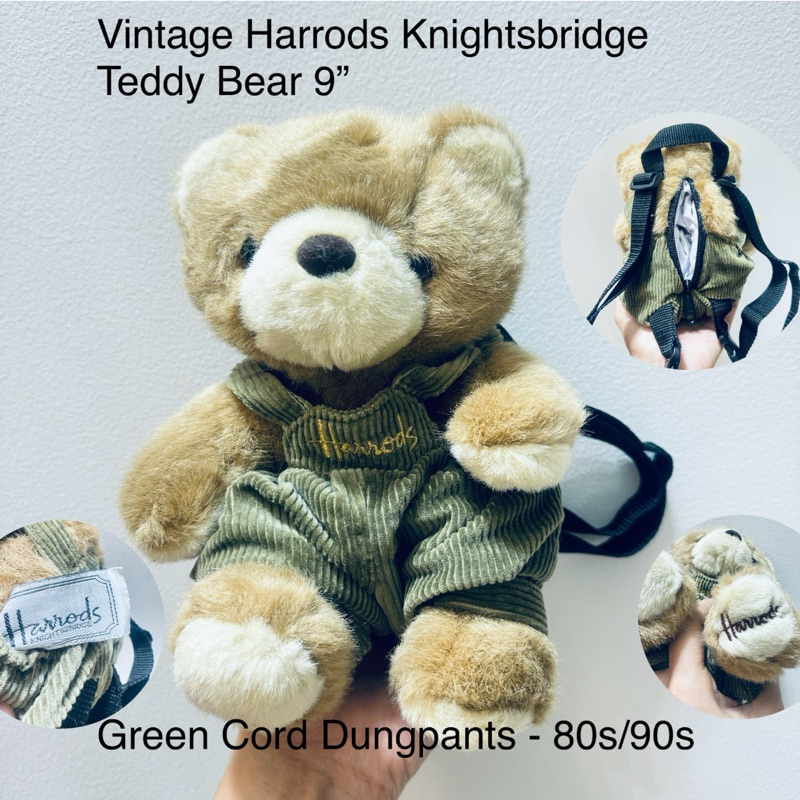 กระเป๋าเป้ ตุ๊กตา หมี แฮร์รอดส์ 9“ งานสวย เท้าปัก แรร์มากๆ Vintage Harrods Knightsbridge Teddy Bear Green Cord Dungpants