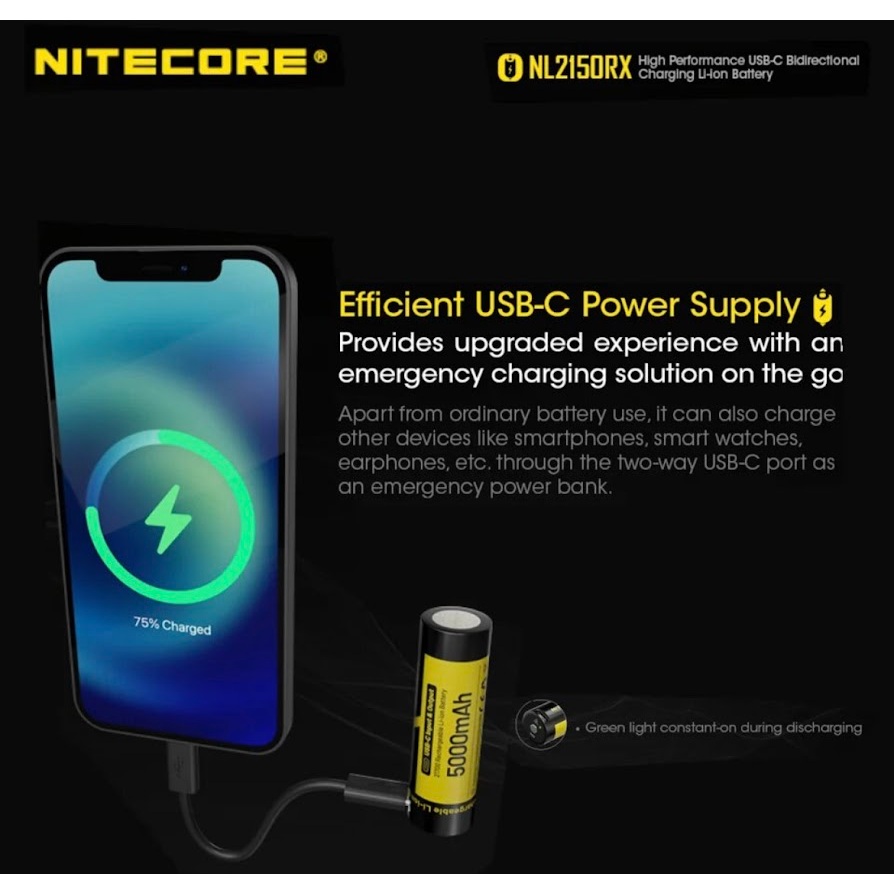 พร้อมส่ง ของแท้100%  NITECORE NL2150RX 5000mAh USB-C ชาร์จ 21700 แบตเตอรี่