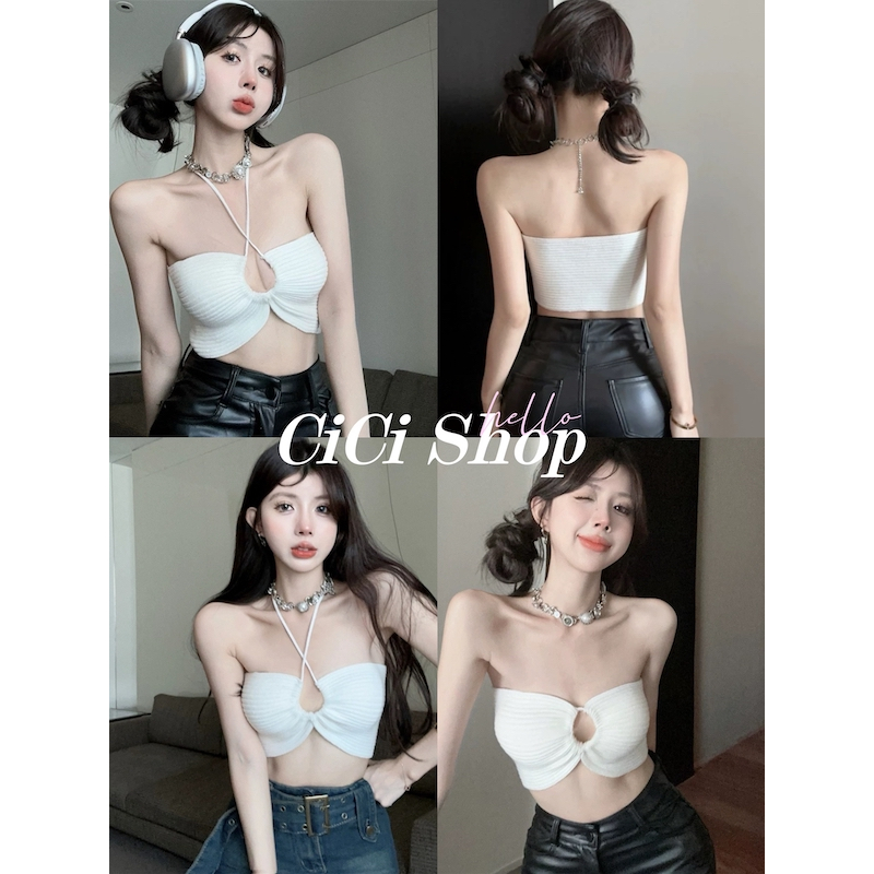 Cicishop(11563)เสื้อเกาะอกไหมพรมคล้องคอdetailเว้าหน้าเหมาะสำหรับช่วงsummer