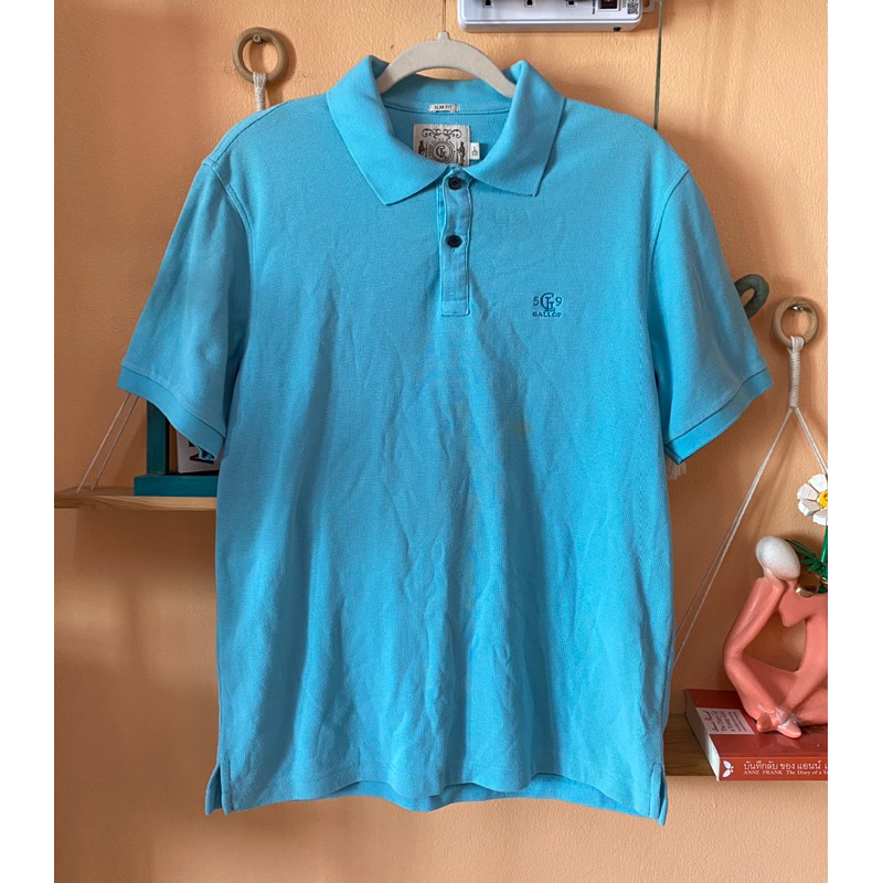 [มีตำหนิรอยเปื้อนตามภาพท้ายนะคะ] ส่งต่อ เสื้อยืดคอปก โปโล แขนสั้น แบรนด์ Gallop California สีฟ้า Siz