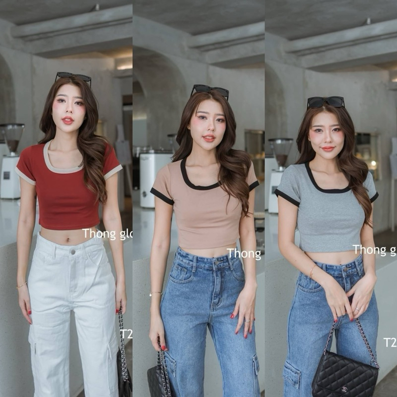 T218 เสื้อครอปทูโทนแขนเต่อ ผ้ายูนิโคล่