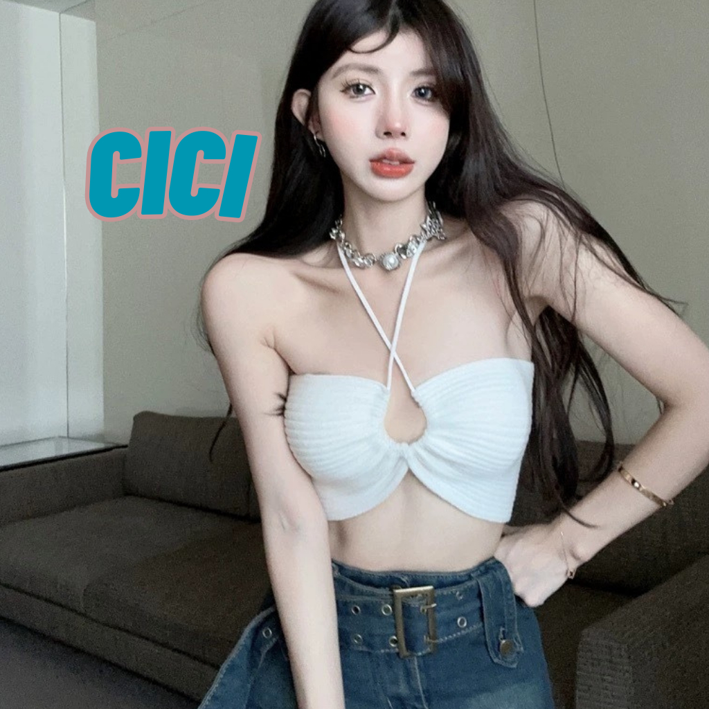 ส่งทันที Cici(NO. 11563)เสื้อเกาะอกไหมพรมคล้องคอdetailเว้าหน้าเหมาะสำหรับช่วงsummer