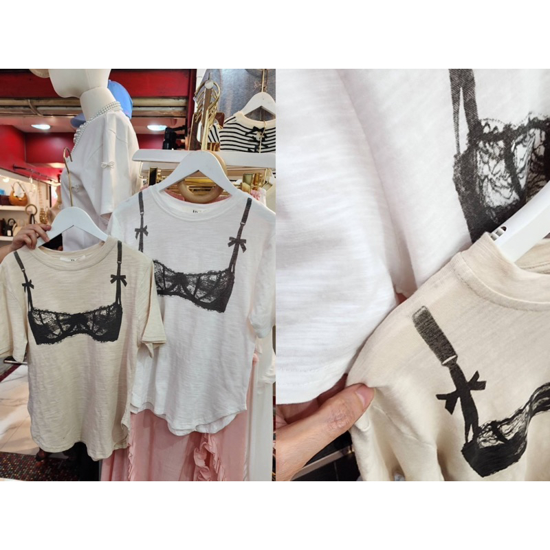 U2🤎🤍🎀 เสื้อยืดผ้าสลาฟลายบราลูกไม้สายโบว์