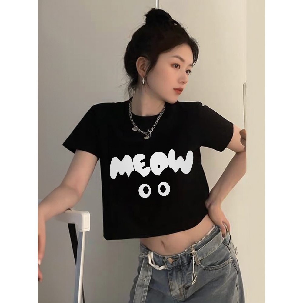 100% Cotton เสื้อครอปเสื้อยืดแขนสั้น💖MEOW💖ผ้าคอตตอน💖S-XL