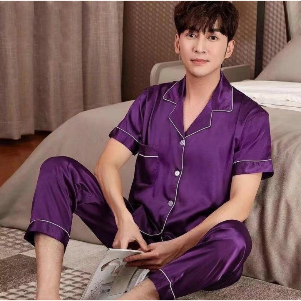 ชุดนอนแขนสั้นขายาว ชุดนอนชายหญิง ผ้าซาติน นุ่มลื่น ใส่สบาย ไม่ร้อน ไม่อึดอัด S8 รูปที่ 5