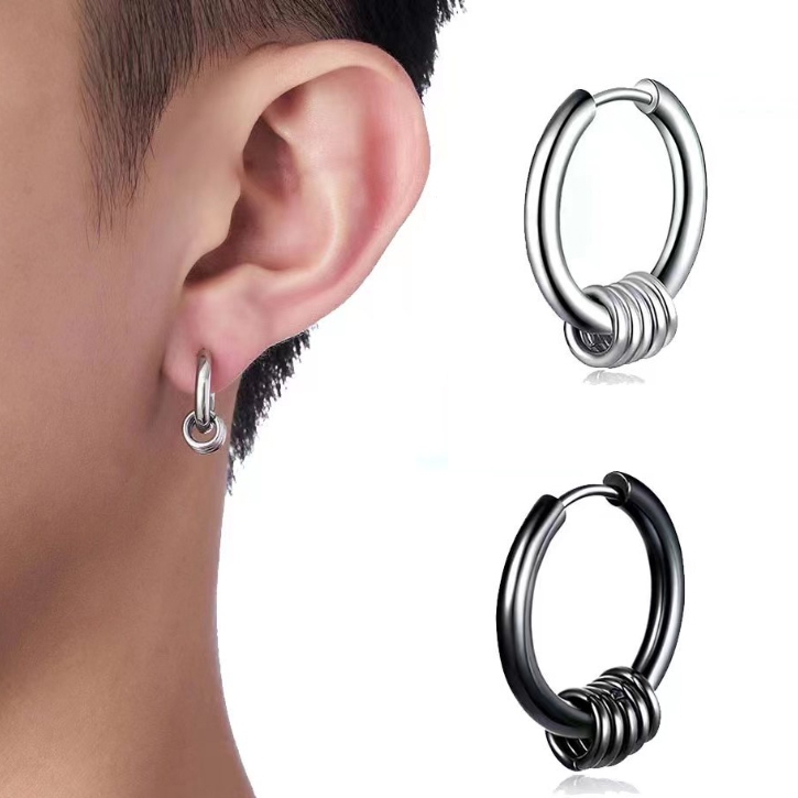 ต่างหู ตุ้มหู จิว Hoop 5-Ring Earrings Stainless Steel Spring Ear Piercing Earrings Men's Personalized Hip-Hop - 1 ข้าง