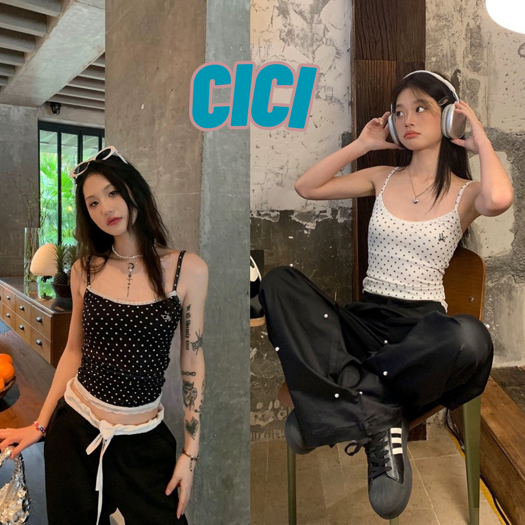ส่งทันที Cici(NO. H9392)เสื้อสายเดี่ยวผ้าชีฟองลายจุด แต่งปลายลูกไม้ สาวหวานควรมี
