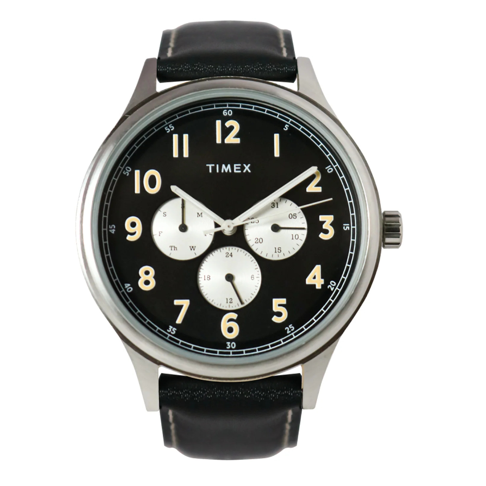 Timex TW00NTD56E Discoverer Black Leather Analog Quartz Watch For Men 43mm. นาฬิกา นาฬิกาข้อมือ นาฬิกาข้อมือผู้ชาย