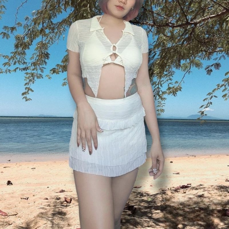 ชุดเซต3ชิ้นไปทะเลซีทรูสีขาวน่ารัก coquette Dollette y2kสวยน่ารักสุดๆ