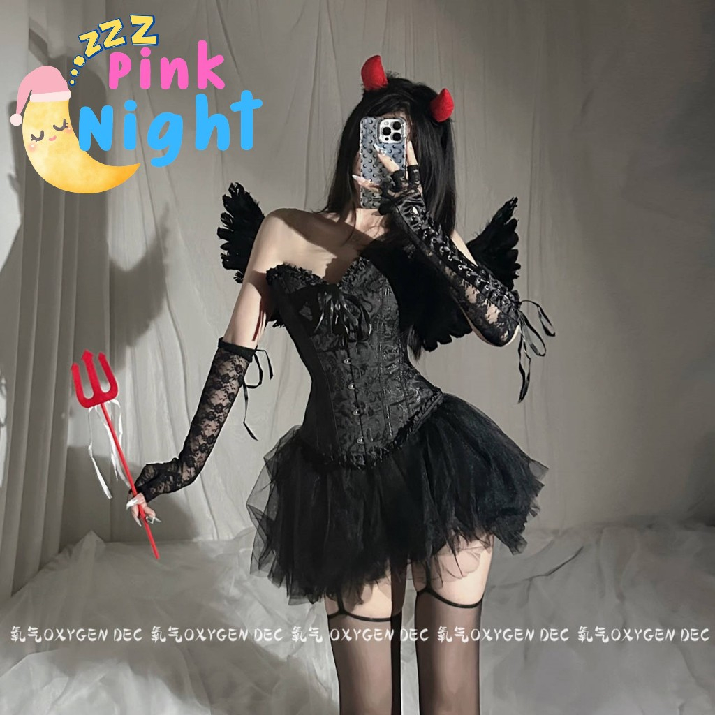 PINK NIGHT ชุดคอสเพลย์ ชุดนางฟ้า ชุดผี 😻 ไซต์ M-2XL นน.40-80 kg. เกาะอกผ้าลูกไม้ผูกหลัง PN-110