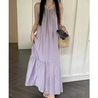 Beryl👗กระโปรง🔵🔵ชุดเดรสแขนกุดอัดพลีทสีม่วงสไตล์เกาหลีสำหรับผู้หญิง
