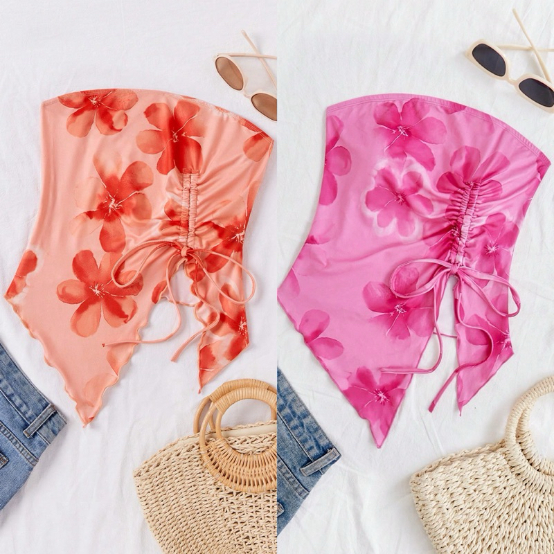 พร้อมส่ง เสื้อเกาะอกสาวอวบ ชายสามเหลี่ยมมีเชือกด้านรูดข้าง สไตส์ซัมเมอร์
