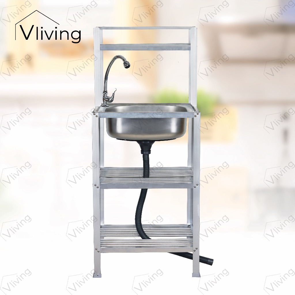 Vliving ซิ้งค์ล้างจาน อ่างล้างจาน สแตนเลส 3 ชั้น เล็ก มีบน โครงอลูมิเนียม (50x40cm.)