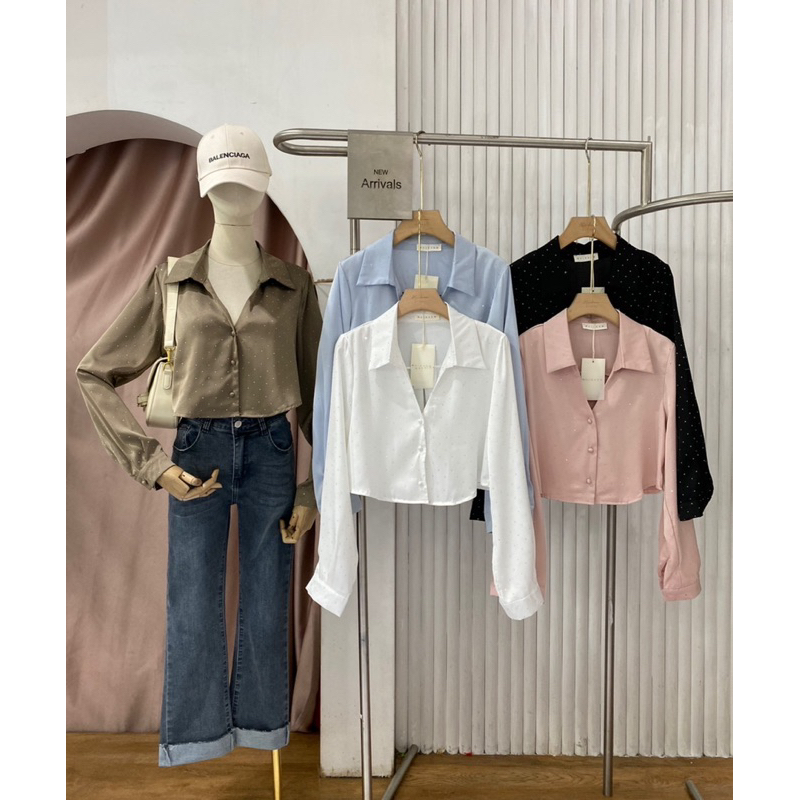 🔆Sunny🔆งานป้ายหรู✨เสื้อเชิ้ตแต่งฝังเพชรสไตล์เรียบหรู**มีทั้งแบบเชิ้ตและครอป**🩷