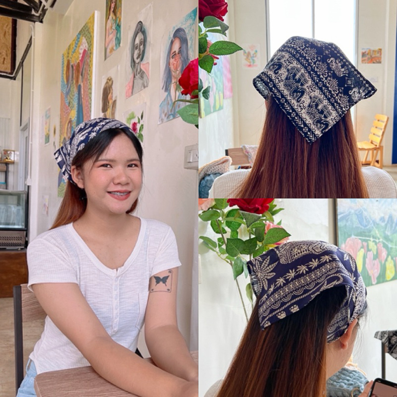 ผ้าผูกผม ผ้าโพกผมสามเหลี่ยมลายช้าง สินค้าพร้อมส่ง