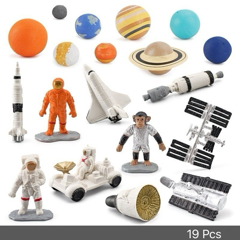 ชุดโมเดลอวกาศ 19 ชิ้น นักบิน ดาวเทียม จรวดอวกาศ ดาวเคราะห์ ระบบสุริยะ Sensory Play ของเล่นเสริมพัฒนาการ Lookmaebaby