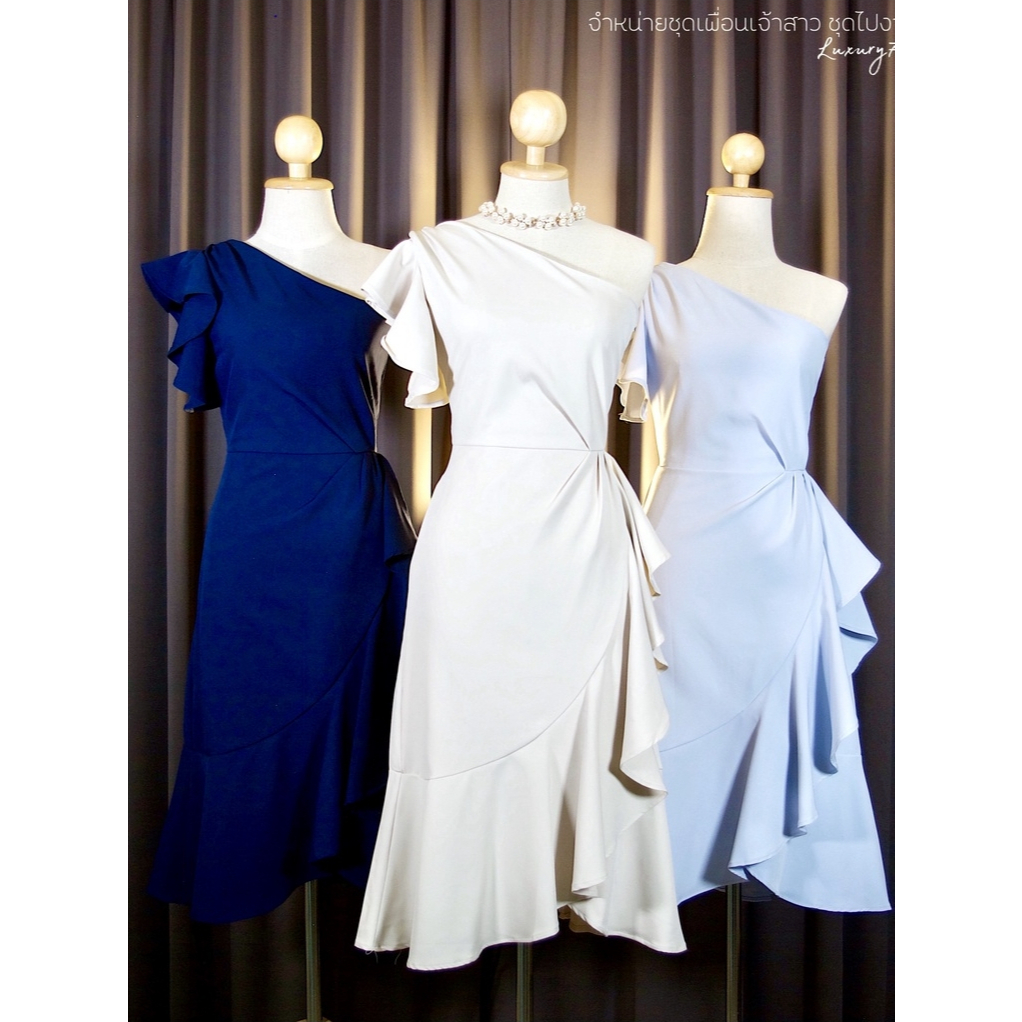[Sale 20%] LX9575 : เดรสบ่าเดี่ยว(ด้านขวา) จีบบ่าระบายพริ้ว