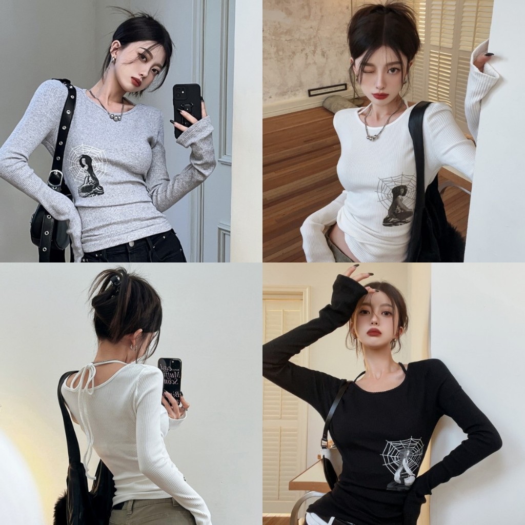 เสื้อแขนยาว เสื้อยืดลำลอง ทรงเข้ารูป ลายเเมงมุม คอกลม #112129