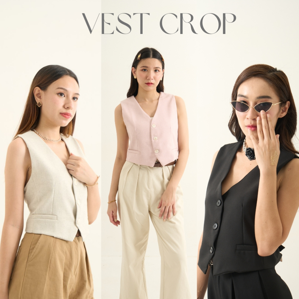 เสื้อกั๊ก ตีเกร็ดหน้า ทรงครอป ปรับเข้ารูปได้(B38)