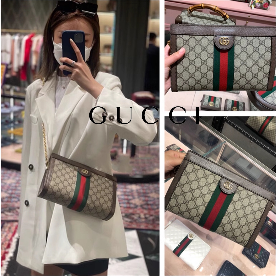 กระเป๋าผู้หญิง Gucci ของแท้ 100% ขายตรงจากฝรั่งเศส กระเป๋าสายโซ่ผ้าใบคู่ G กระเป๋าสะพายไหล่สะพายข้าง