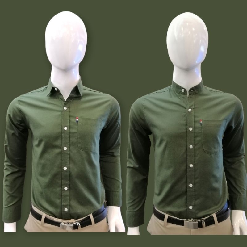 เสื้อเชิ้ตแขนยาว คอปก / คอจีน สีเขียวเข้ม (ผ้า Oxford )