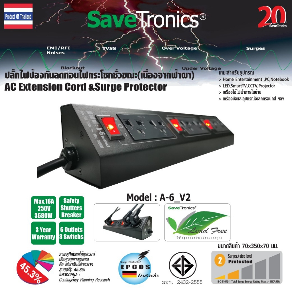 Savetronics รุ่น A-6_v2 ปลั๊กสายพ่วงแบบตัดวงจรกระแสเกิน AC Power Extension Cord&Breaker