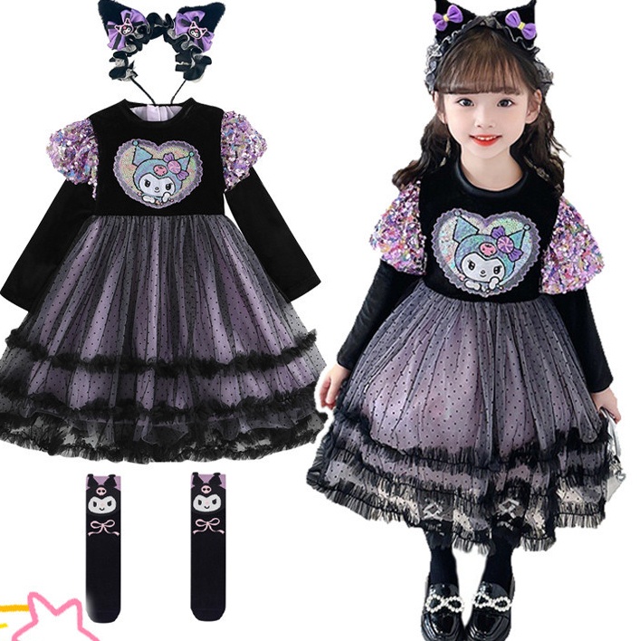 Sanrio Kuromi คุโรมิชุดเด็กผู้หญิง ชุดเจ้าหญิง ชุดเดรสเจ้าหญิง ประดับโบว์ ลายการ์ตูนน่ารัก ชุดแขนยาว