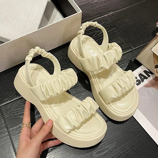 Luckkyshoes ของมันต้องมี รองเท้าแตะแฟชั่นแบบสวม ดีเทลสองสายคาด พร้อมสายรัดส้น พื้นนิ่มใส่สบาย หนา1.5นิ้ว หนาให้แบบกรุบๆ