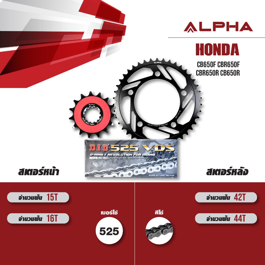 ALPHA ชุดโซ่สเตอร์ เปลี่ยน Honda CB650F CBR650F CBR650R CB650R โซ่ D.I.D VDS สีเหล็ก [ เลือกเบอร์ได้ ]