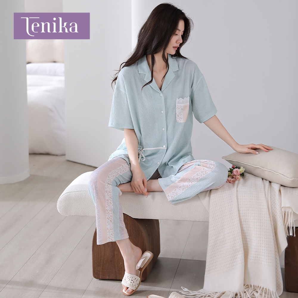 TENIKA ชุดนอน ผู้หญิง เสื้อแขนสั้น ขาสี่ส่วน ผ้าจีบ ชุดอยู่บ้าน ฟรีไซส์ M-XXLรหัส HW-013 — صورة 3