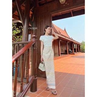 📌📌พร้อมส่ง ครบไซส์ XS S M L XL 🏷️CHERISH เซ็ท 3 ชิ้ิ้น(📍มีเข็มขัดมุก) ชุดงานบุญ ชุดไทย ผ้าไทย ทำบุญ ตักบาตร เรียบร้อย