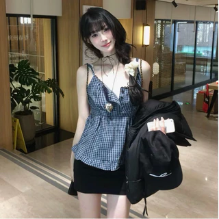 BY IRA พร้อมส่ง (23051) Piattern mini dres มินิเดรสสายเดี่ยวลายสก็อตสุดน่ารัก สม็อคหลัง