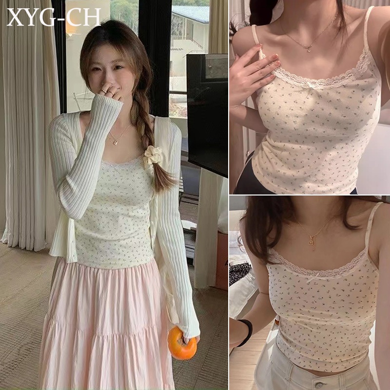 XYG-CHพร้อมส่งจากกทม เสื้อครอปลายดอก เสื้อกั๊ก สายคล้องคอคอแต่งลูกไม้ สไตล์ฤดูร้อนกาหลี