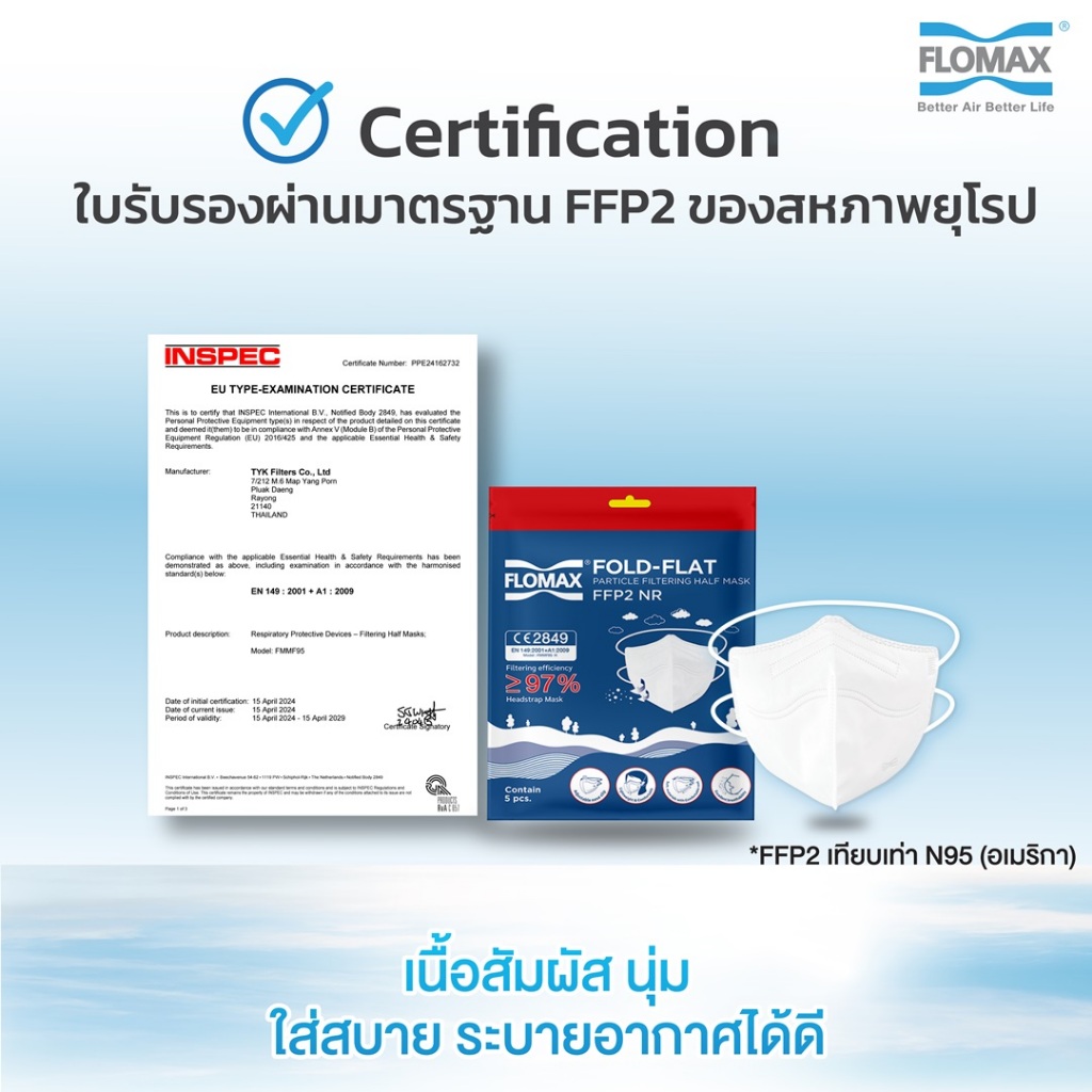 หน้ากากอนามัย Flomax Fold Flat N95, FFP2 ไม่มีวาวล์ (1 แพ็ค = 5ชิ้น) คล้องหู และ คล้องหัว ราคา ถูกที่สุด ดีลบีเคเค แกลเลอรีภาพที่ 7