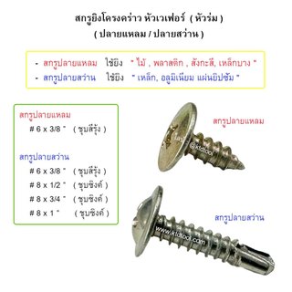 (1 กล่อง) - สกรูยิงโครงคร่าวหัวเวเฟอร์ , หัวร่ม , หัวบัททอน , หัวจาน /  มีทั้งสกรูปลายแหลม & สกรูปลายสว่าน
