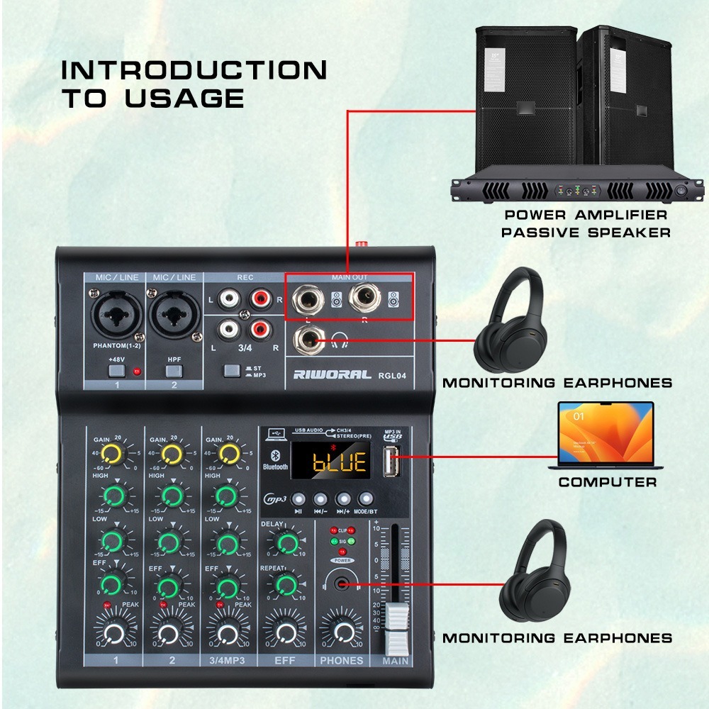 มิกเซอร์ มิกเซอร์เสียง 4 แชนเนล รองรับฟังก์ชั่นการเล่นและบันทึก Bluetooth USB/MP3/PC