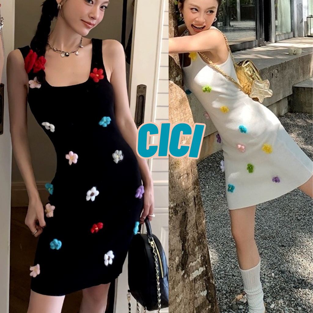 Cici(No.M1726)เดรสไหมพรมตัวสั้น ดีเทลดอกไม้ฟรุ้งฟริ้งหลากสี น่ารัก สไตล์เกาหลี
