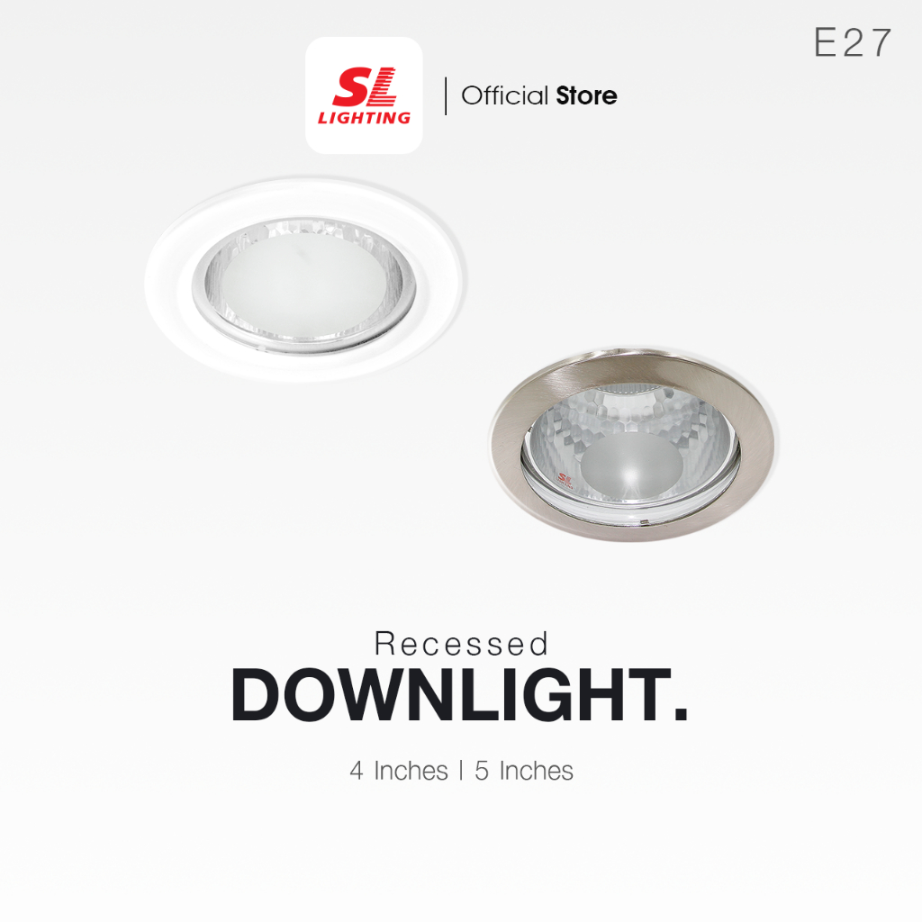 โคมไฟดาวน์ไลท์ E27 แบบฝังฝ้า ขนาด 5 นิ้ว ทรงกลม มีกระจก ขอบสีขาว รุ่น SL-6-SW-G-553