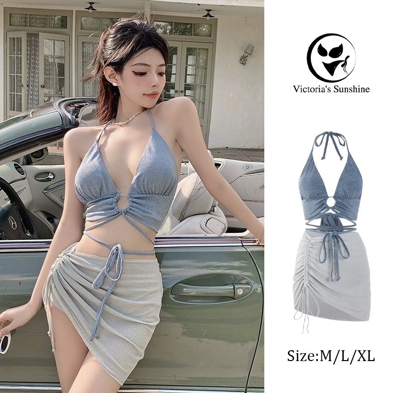 พร้อมส่งในไทย บิกินี3ชิ้น ชุดว่ายน้ำ รุ่นใหม่ เสื้อโชว์หลัง ผูกคอ ชุด สไตล์เซ็กซี่#0282