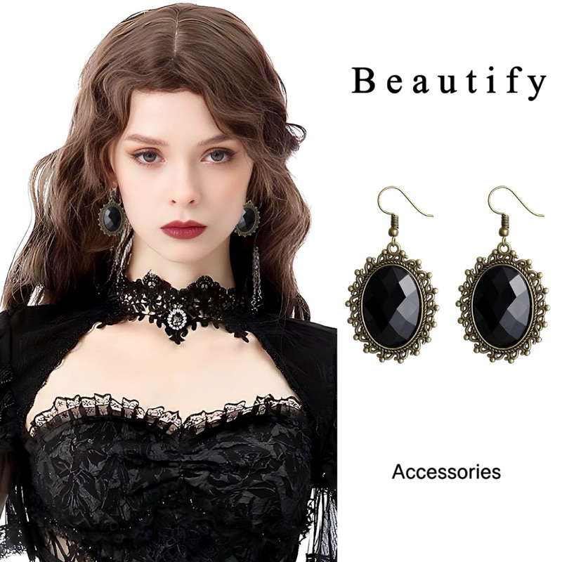 𝓑𝓮𝓪𝓾𝓽𝓲𝓯𝔂 ต่างหูคริสตัลดำสไตล์โกธิคโลลิต้าใส่คู่แมทกับสร้อยคอสไตล์เดียวกันสวยครบเซ็ต