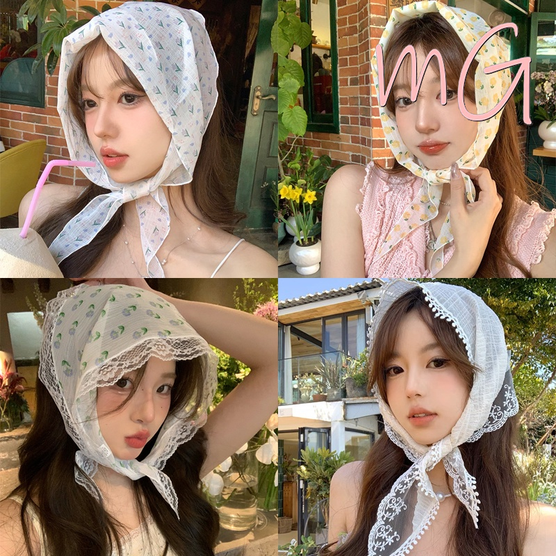 [จัดส่งจากกรุงเทพ]ผ้าคลุมศีรษะ พิมพ์ลาย ลูกไม้ สามเหลี่ยม ผ้าพันคอ ผ้าคลุมศีรษะ วันหยุด ชายหาด เครื่องประดับผม แฟชั่นเกา