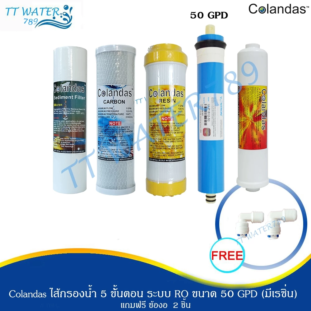 Colandas RO ไส้กรองน้ำ 5 ขั้นตอน(Resin) [ CoRo 50 GPD ]( แถม ข้อต่อ 2 ตัว )