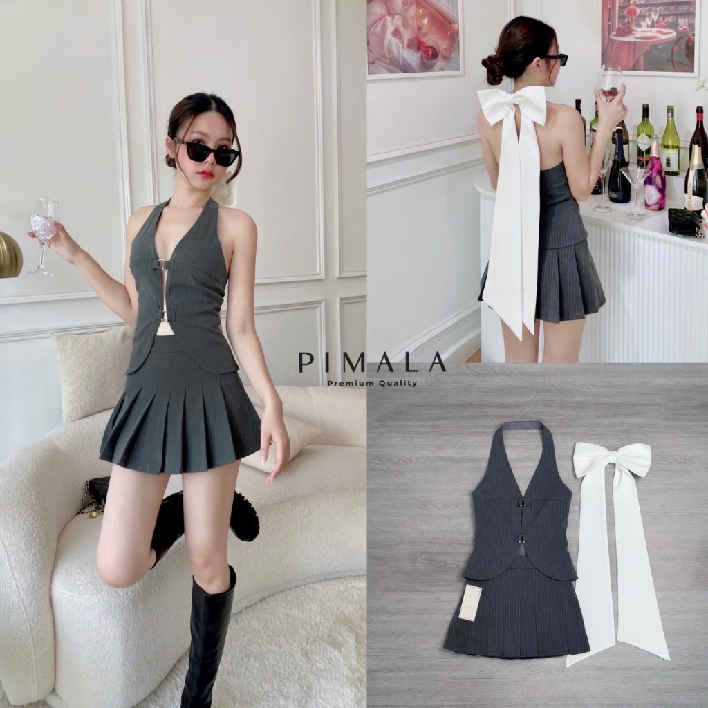 Pimala เซ็ทเสื้อคล้องคอใส่เป็นห่วงหรูด้านหน้าดีไซน์เสื้อทรงเก๋เซ็กซี่