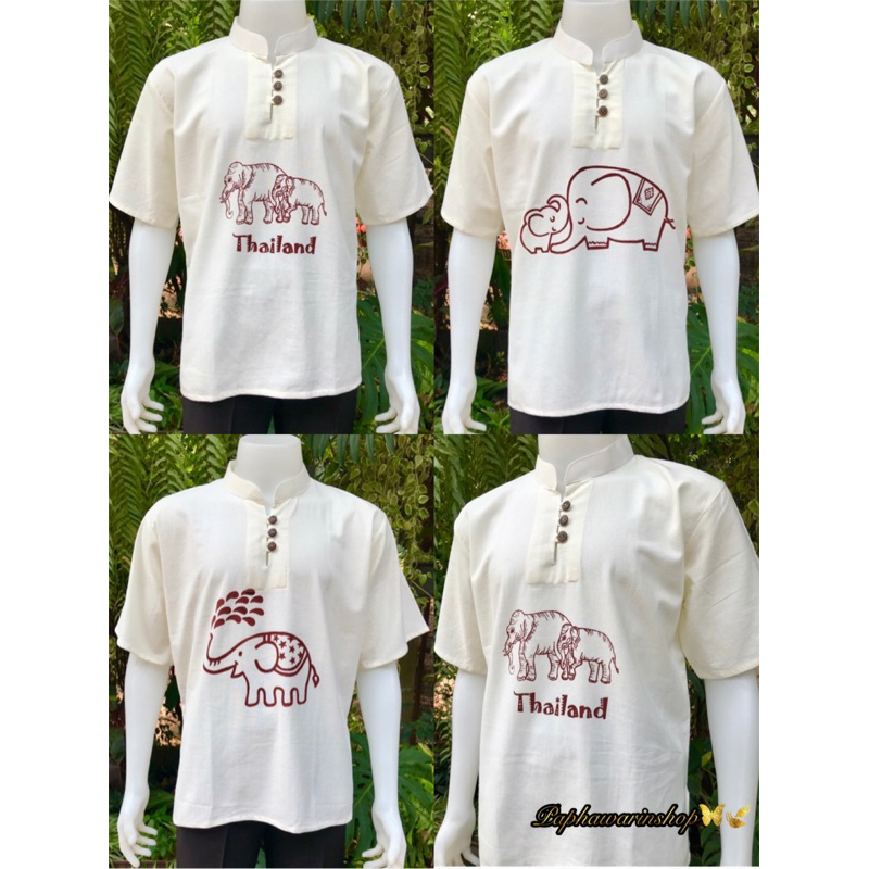เสื้อพื้นเมืองผ้าฝ้ายคอจีนพิมพ์ลายช้าง