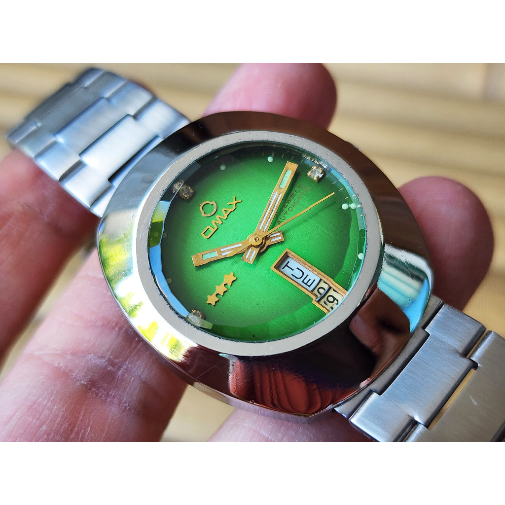 นาฬิกา Omax Crystal หน้าปัดสีเขียว จอไข่ ทรง diastar ออโตเมติค วันที่ สัปดาห์ เลข 6 swiss made