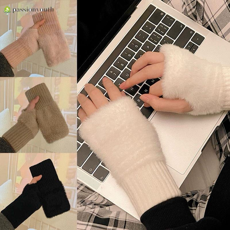 ถุงมือกันหนาวแบบครึ่งนิ้ว กํามะหยี่ขนนิ่ม ให้ความอบอุ่น แบบนุ่ม เล่นมือถือได้