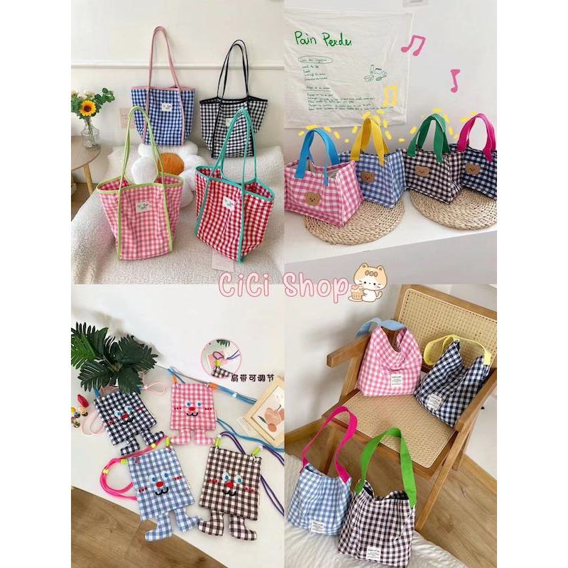 Cicishop(SALE 905/906/907/908)กระเป๋าผ้าฝ้ายลายตารางสไตล์เกาหลี โดปามีน socuteสุดๆ